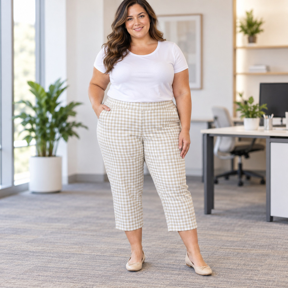 Croft & Barrow Women’s 22W Beige Gingham Straight Leg Capri Pants NWT Stretchy